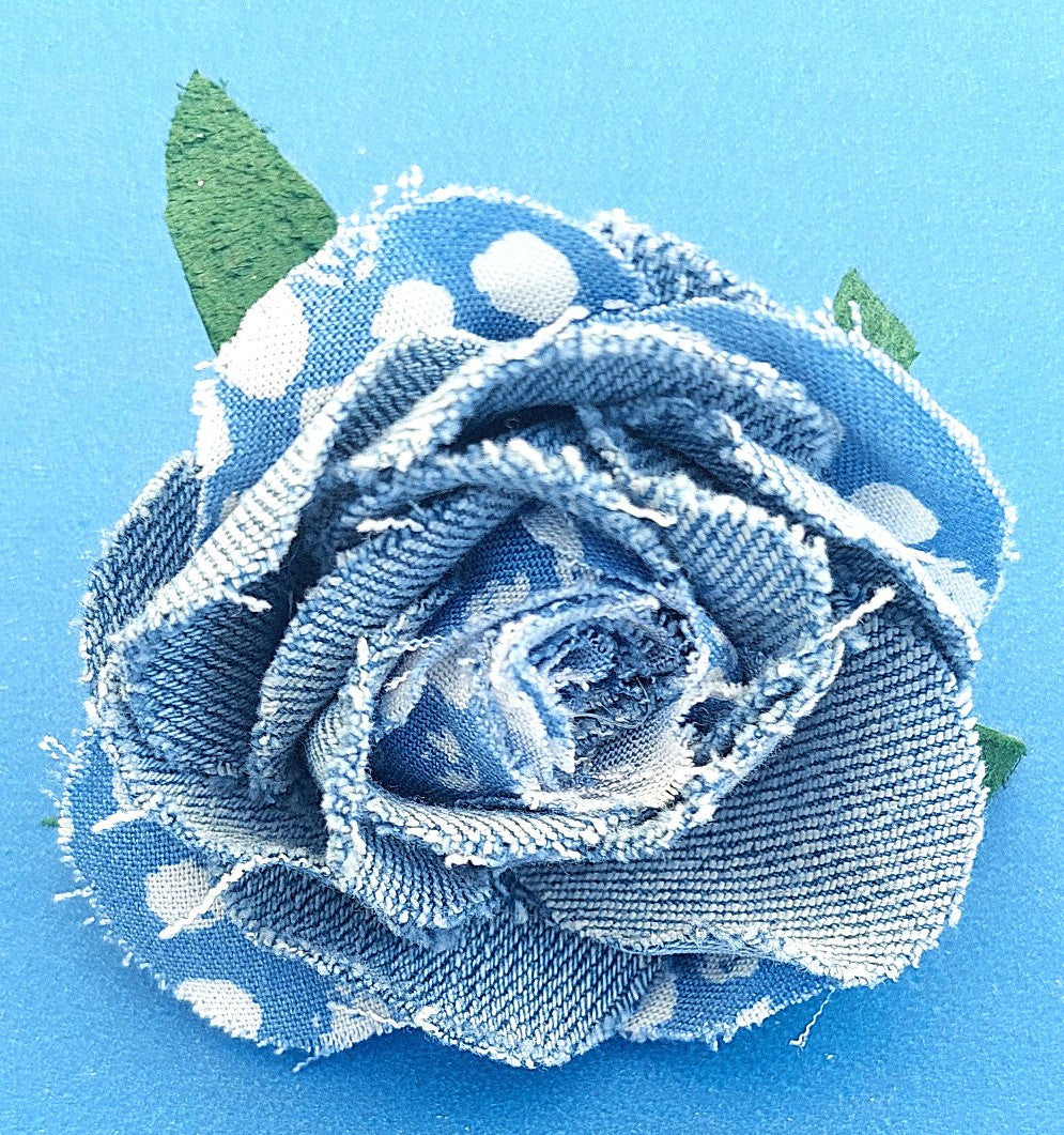 Barette Rose - Bleu jean & tissu pois blanc & bleu
